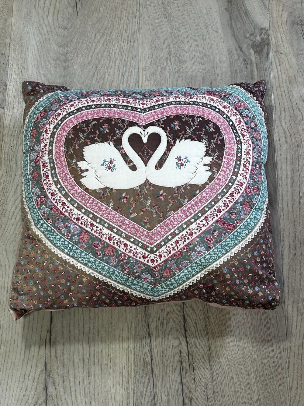 Vintage 80s Calico Floral Swan Heart Accent Pillow Cottagecore Country Shabby